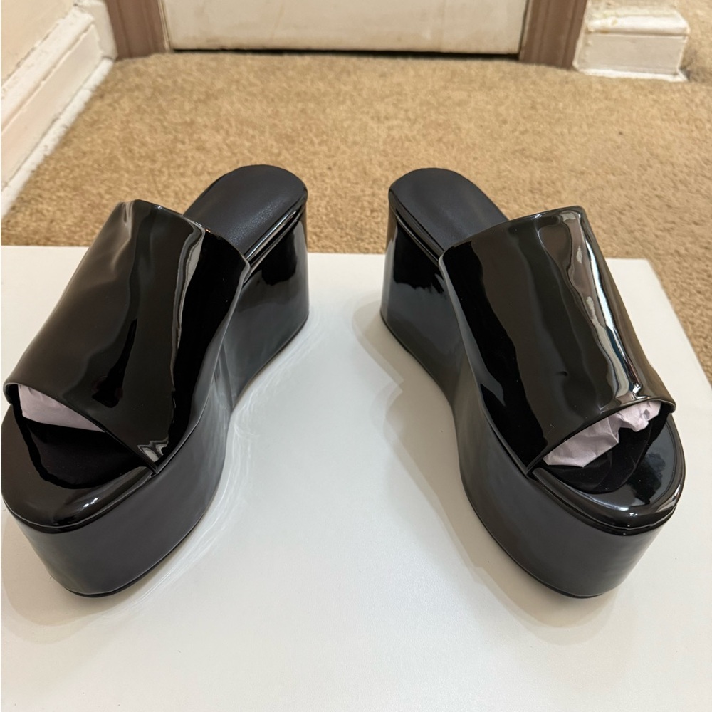 Black Platform Slide Sandals - Women's High Gloss Slide Wedges